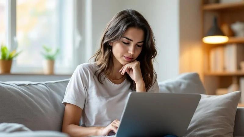 Frau lernt am Laptop in einem hellen Raum mit Blick auf Tuebingen