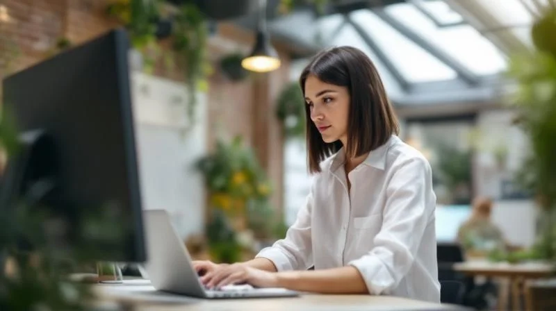 Frau arbeitet an einem Laptop in einem modernen Tuebinger Arbeitsraum