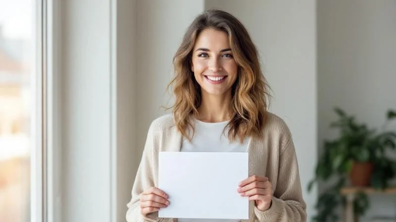 Frau haelt stolz ein IHK-Zeugnis in der Hand, heller Raum in Tuebingen