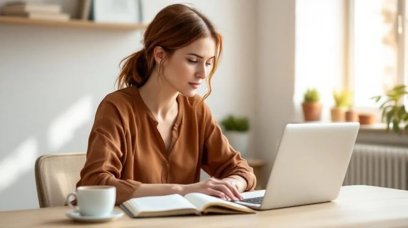 Frau arbeitet konzentriert am Laptop in einem hellen Raum in Tuebingen