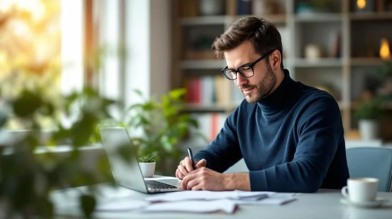Mann arbeitet konzentriert am Laptop in einem hellen Homeoffice in Tuebingen